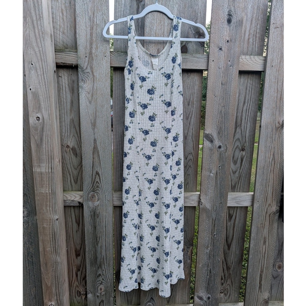 Womens Vintage Cream Blue Floral Pointelle Ribbed Maxi Dress Size 9/10